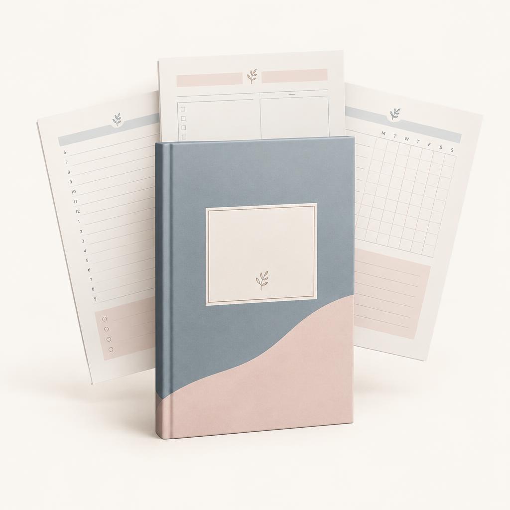 An ebook with sample planner pages fanned behind it
